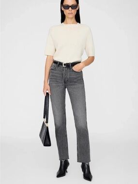 Anine Bing Bruno Jean 26 Ash Grey Distressed High Rise Straight Leg 90s